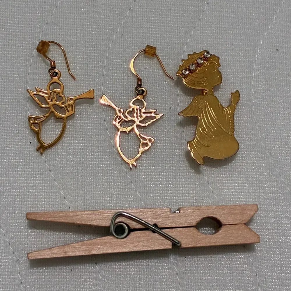Vintage Christmas Angel Jewelry Lot Gold Tone Trumpet Earrings Angel Brooch
